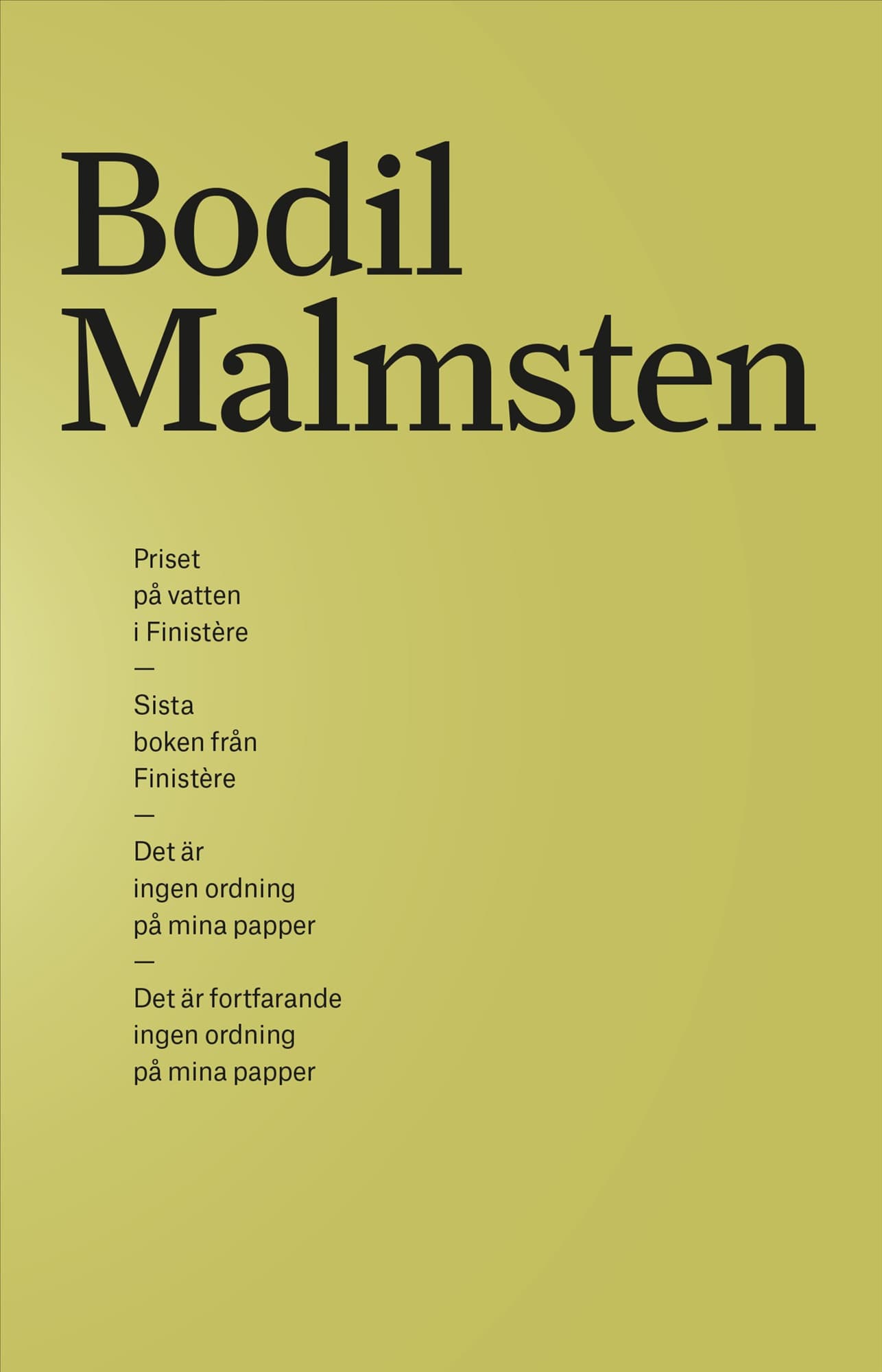 Samlingsutgåva Bodil Malmsten. Priset på vatten i Finistère, Sista boken från Finistère, Det är ingen ordning på mina papper, Det är fortfarande ingen ordning på mina papper