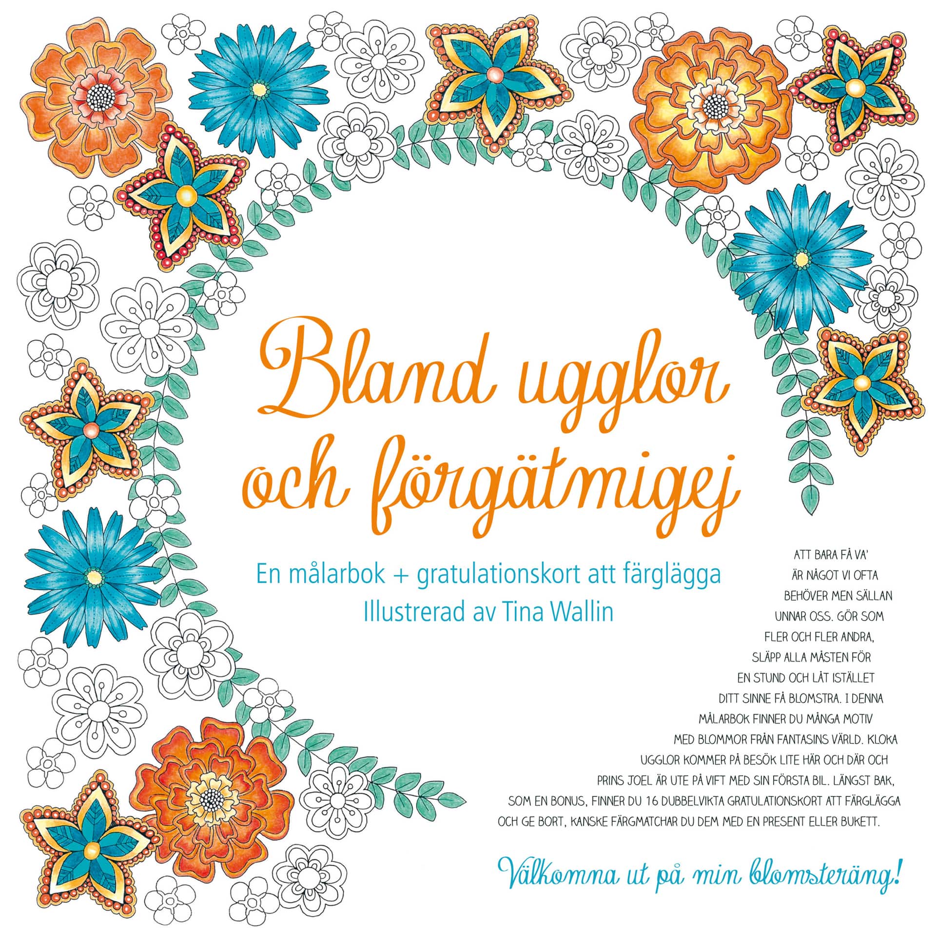Bland ugglor och förgätmigej : en målarbok + gratulationskort att färglägga av Tina Wallin